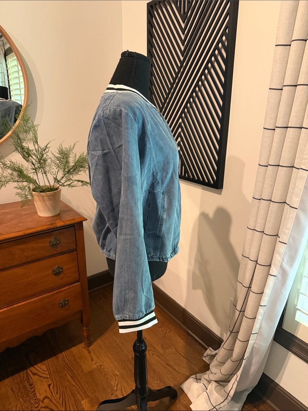 JODIFL Denim Blue Bomber Jacket with Stripe Trim large - Picture 3 of 12
